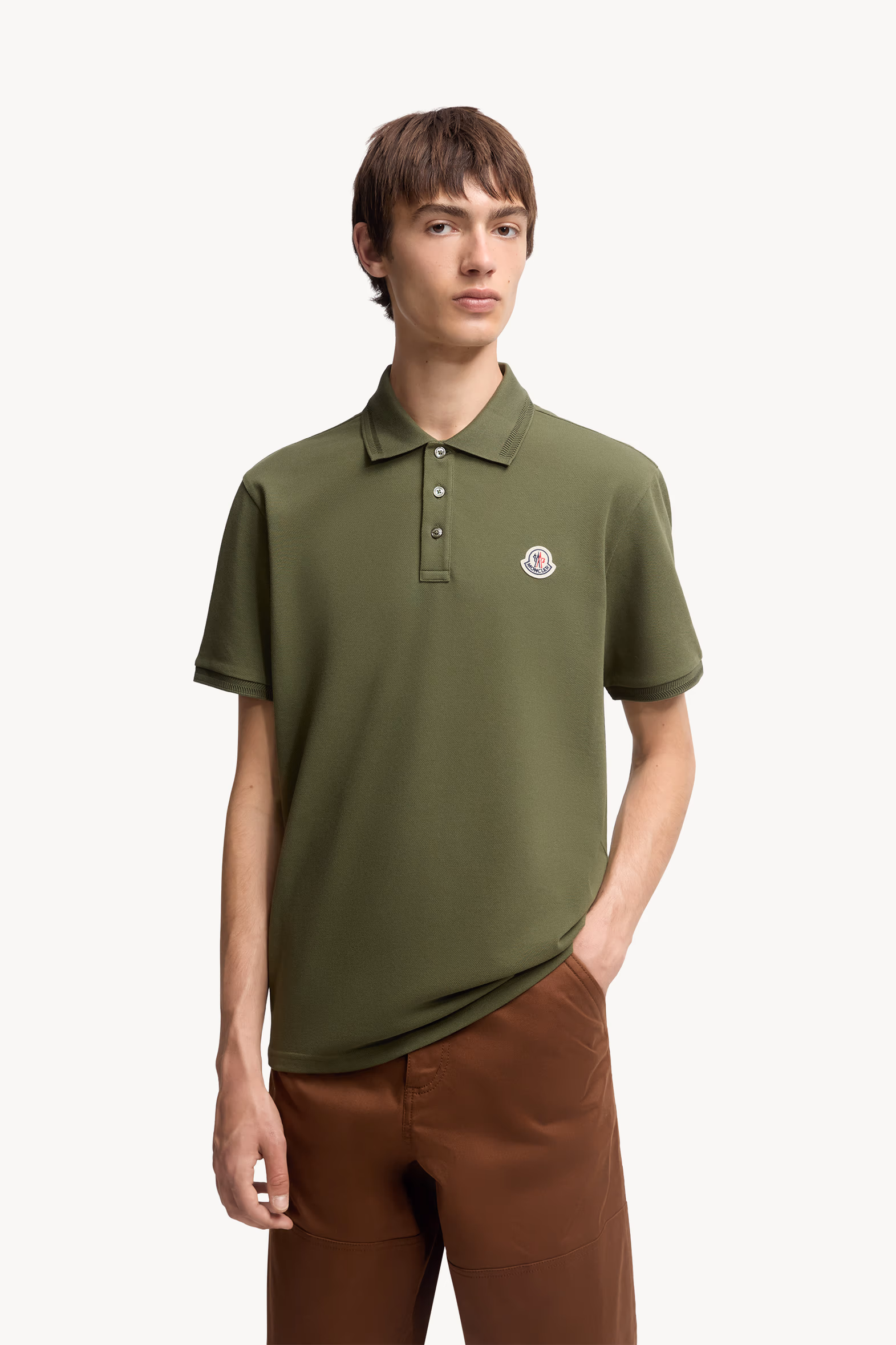 Logo Patch Cotton Piquet Polo Shirt Men Khaki Moncler 3